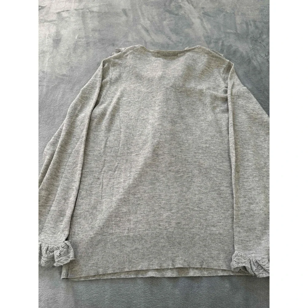 August Silk Sweater Women's Petite M Grey Long Sleeve Ruffle Professional Office